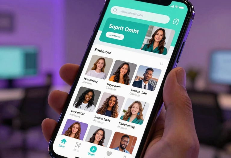 A close-up of a high-resolution smartphone screen showing a vibrant, professionally managed social media feed with iridescent teal accents. The phone is held in a creative office setting in a North American / US city with soft purple bokeh in the background.