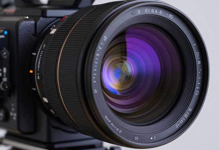 A close-up of cinematic camera lenses reflecting deep violet and electric blue studio lights. The composition is sharp and high-end, representing world-class video production equipment. North American / US studio.