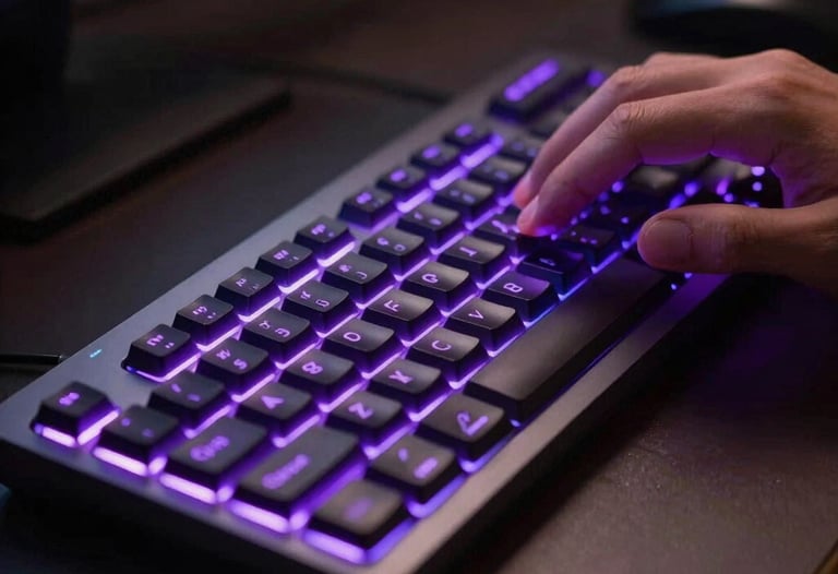 A close-up of a high-end keyboard with glowing violet RGB lighting, in a dark studio. Fingers are typing code or editing video. North American / US professional office.