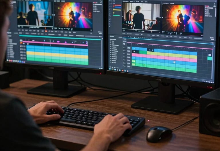A professional video editor working in a dark room. The dual screens show complex timelines of a cinematic music video with vibrant iridescent color grading. North American / US professional studio.