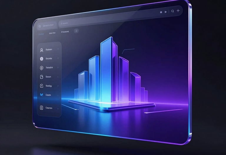 A 3D glassmorphism interface floating in a dark space, reflecting electric blue and deep violet light. The design represents modern web architecture. Cinematic render.