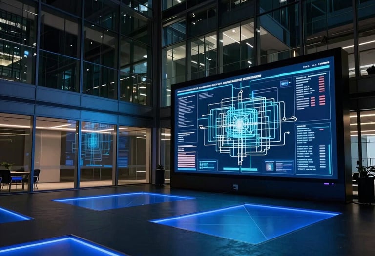A wide shot of a glass-walled conference room in a North American / US skyscraper. The room is dark with glowing blue floor lighting and a 4K screen displaying a complex web design layout.