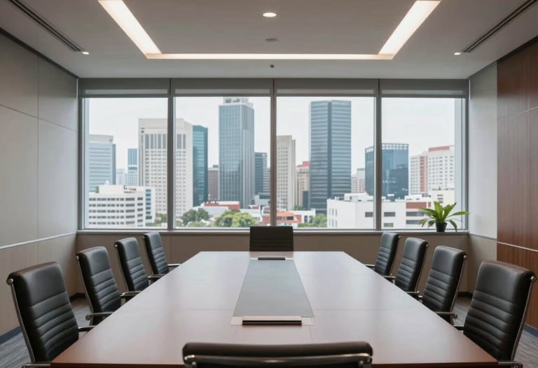 A wide shot of a modern conference room in a Delhi business district. Through the window, the urban skyline is visible. The room is empty but ready for a presentation, suggesting professionalism and high-level strategy.