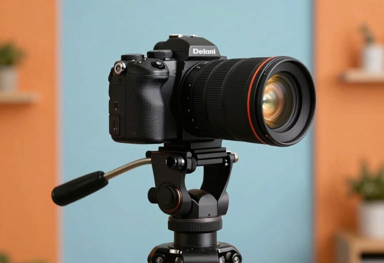A vibrant and artistic photograph of a high-end camera lens on a professional tripod in a bright Delhi studio. The background features light blue and orange accent walls, suggesting a creative marketing environment.