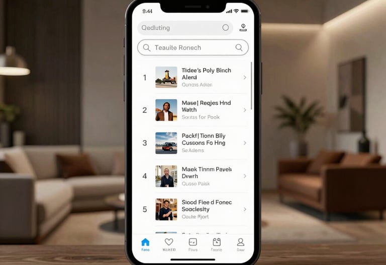 A minimalist photograph of a high-end smartphone displaying a search engine results page with a local business ranking first. The background is a stylish South Asian interior design with professional lighting.