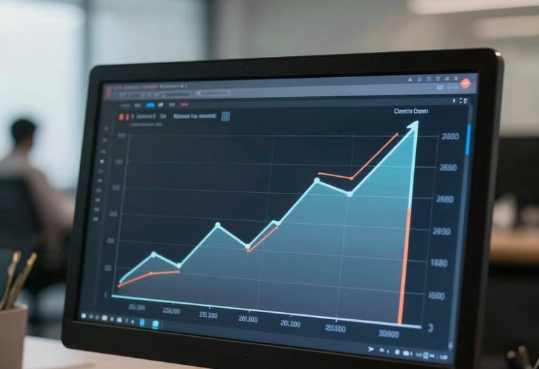 A professional photography shot of a high-end digital dashboard showing rising growth charts in light blue and orange on a dark screen. The background is a blurred South Asian corporate office setting with soft professional lighting.