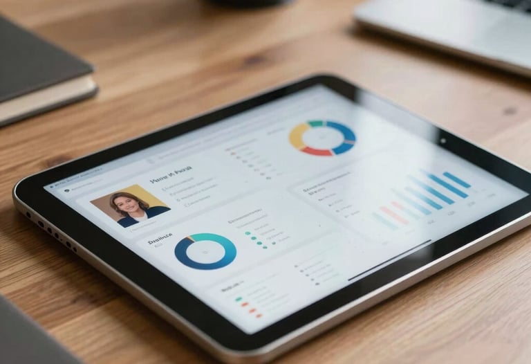 A close-up of a high-tech tablet on a wooden office desk in Delhi, showing social media analytics and ad performance metrics. The lighting is bright and modern, with a professional business atmosphere.