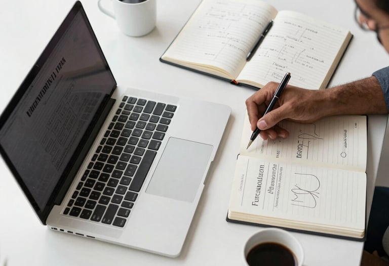 An overhead shot of a professional brainstorming session in an Indian marketing agency. A clean white desk has a laptop, a notebook with strategy notes, and a cup of coffee. No faces visible, focusing on the work and tools.