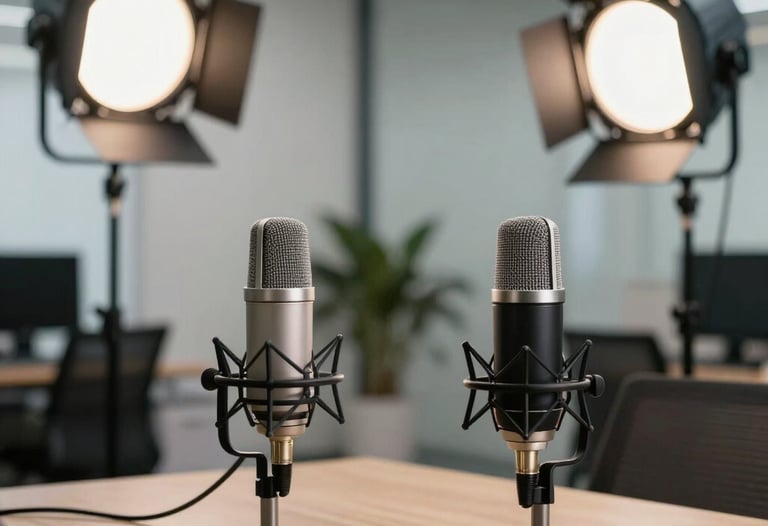 A professional setup for a podcast or video production in a modern Delhi office. High-end microphones and studio lights are arranged in a clean, professional composition without people.