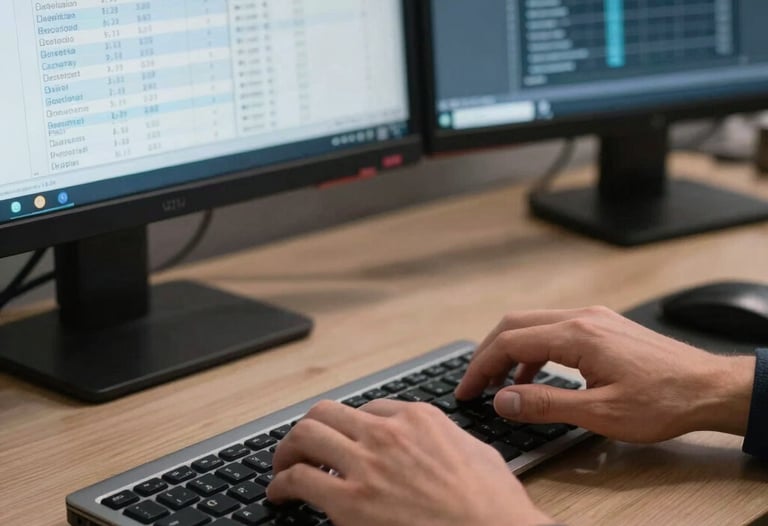 A photography shot focusing on a professional's hands typing on a sleek keyboard in a modern office. A secondary monitor shows detailed keyword density charts in shades of blue and silver.