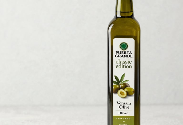 Selection of olive oil bottles with different labels and colors on a wooden table