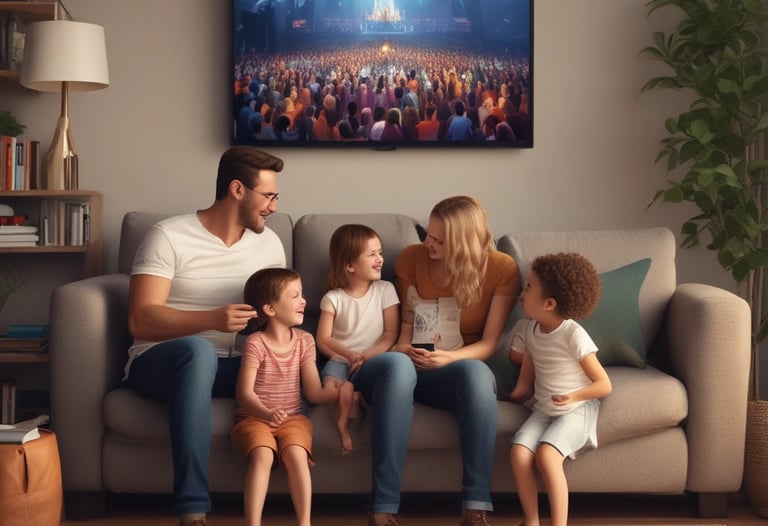 Warm-lit image of a family gathered around a tablet, enjoying worship music from Alpha Cross Omega