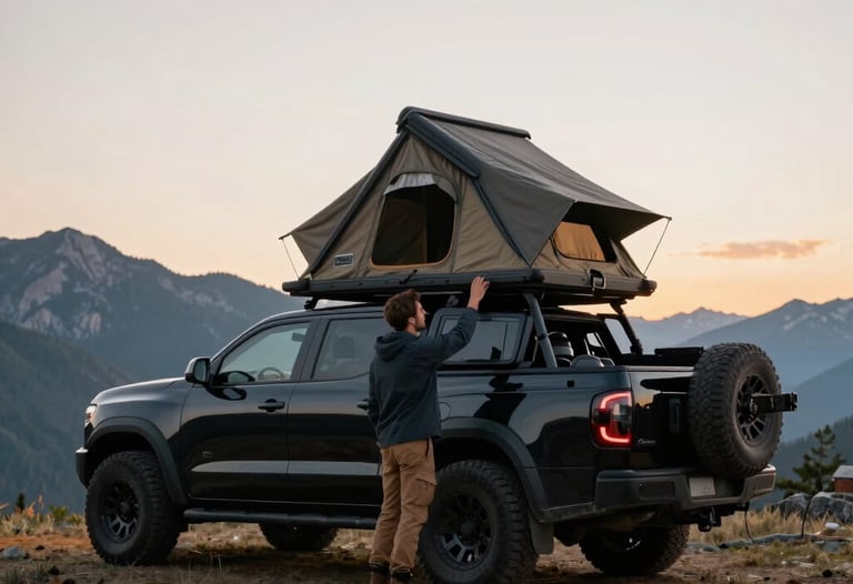 A male overlander in rugged outdoor apparel setting up a hardshell rooftop tent on a black expedition-ready truck. The setting is a mountain clearing at sunrise in North America. Cinematic wide-angle composition.