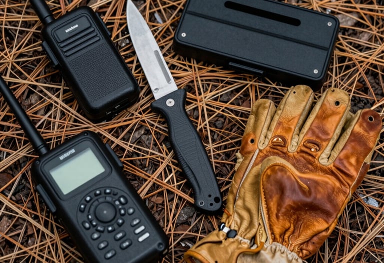 A flat lay photography of essential overlanding gear: a portable radio, a rugged knife, a satellite communicator, and a pair of leather gloves on a bed of dry pine needles and forest soil. Sharp focus, high contrast lighting.