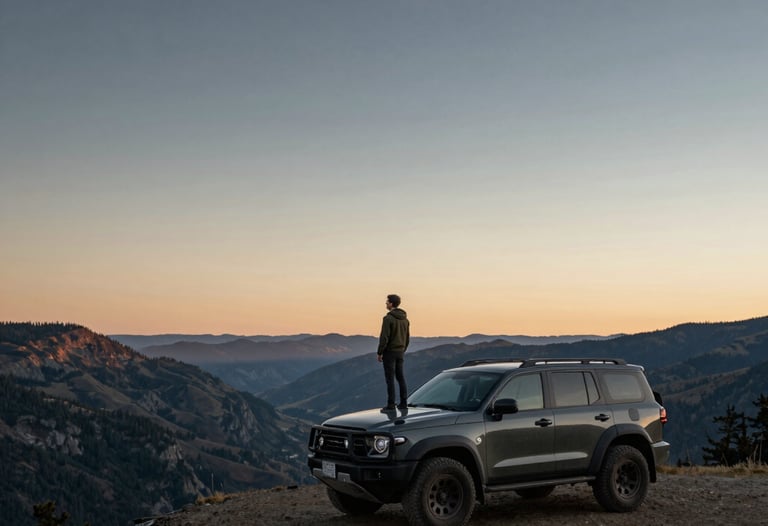 A wide-angle landscape shot of a rugged vehicle parked on a high ridge overlooking a vast valley in the Pacific Northwest. A lone man stands by the hood looking at the horizon. Cinematic, epic composition at dusk.
