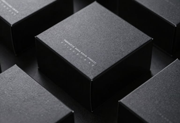 Still-life photography of premium black packaging for a luxury tech brand, featuring sharp corners and a subtle matte finish.
