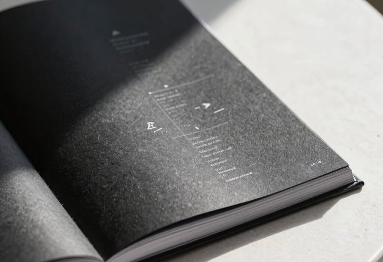 Close-up shot of a premium, dark-colored brand guidelines book lying on a minimalist white stone table with dramatic lighting shadows.