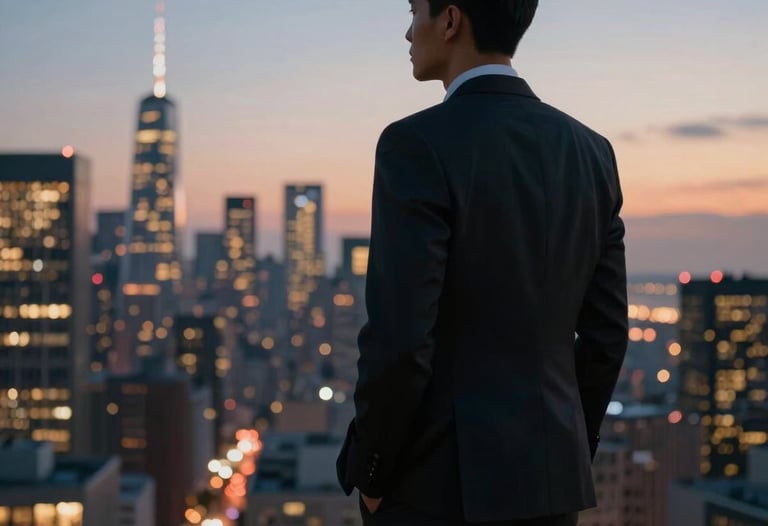 Cinematic photography of a professional person in high-end North American business attire looking out over a city skyline at dusk, silhouette against bright city lights.