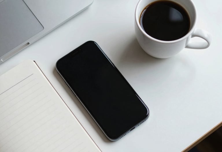 A top-down view of a designer's desk in a North American studio featuring a sleek smartphone, a cup of black coffee, and a minimalist notebook under bright, cool white light.