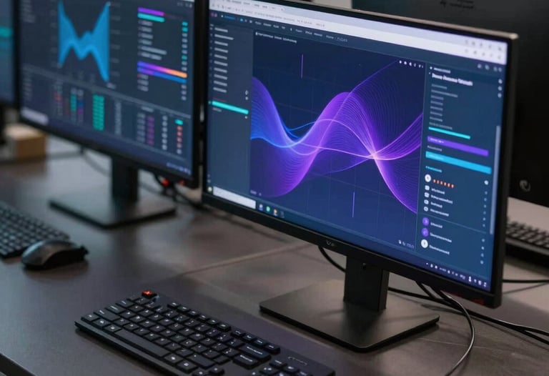 High-end commercial photography of a sleek, North American fintech workspace with dark surfaces and high-definition monitors displaying abstract data in deep blue and purple hues.