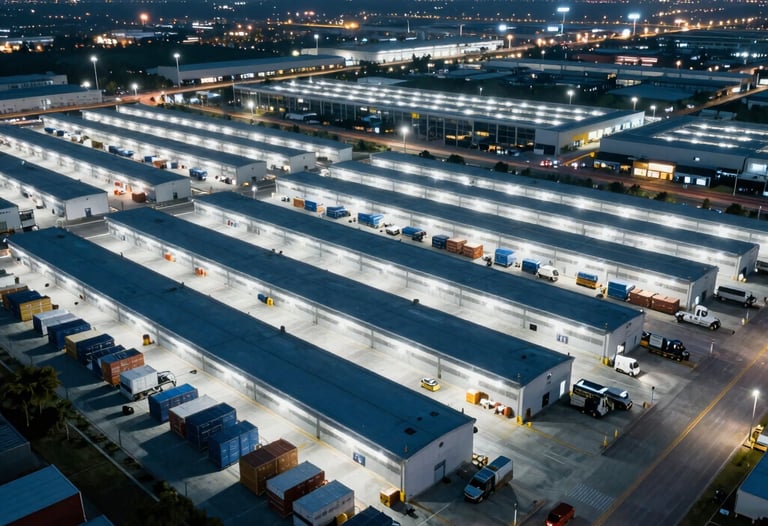 A wide-lens shot of a modern, organized logistics hub at night, glowing with cool blue and white lights, symbolizing speed and order in a North American industrial district.