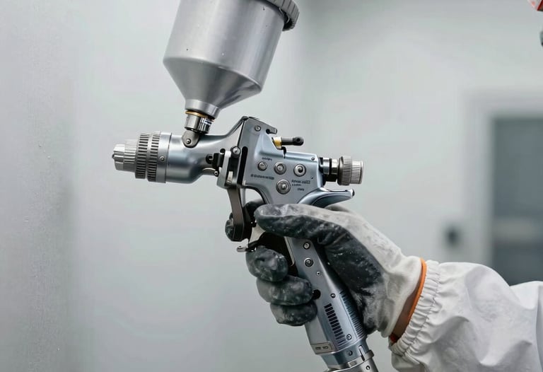 Photography of a professional painter's gloved hand adjusting the settings on a high-precision spray gun inside a brightly lit, clean paint booth in French / Charente-Maritime.