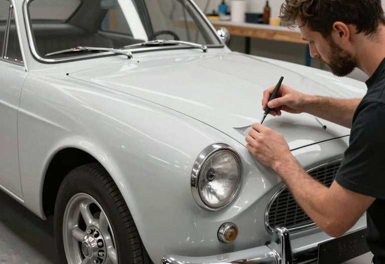 A classic car being carefully masked by an artisan in a workshop in French / Charente-Maritime, preparing for a high-end color change.