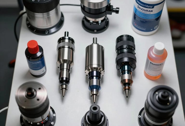 Top-down view of a workstation with various polishing heads and high-end automotive compounds in French / Charente-Maritime.