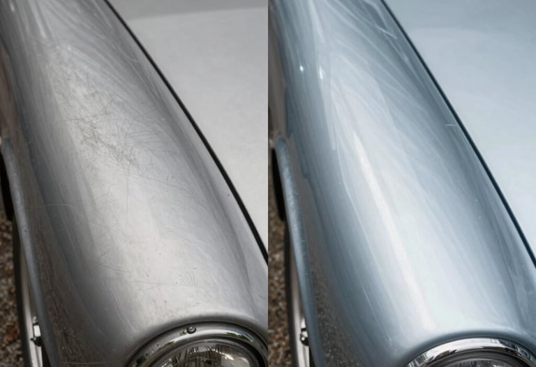 Comparison split shot: left side shows a dull, scratched fender; right side shows the same fender polished to a brilliant shine in French / Charente-Maritime.