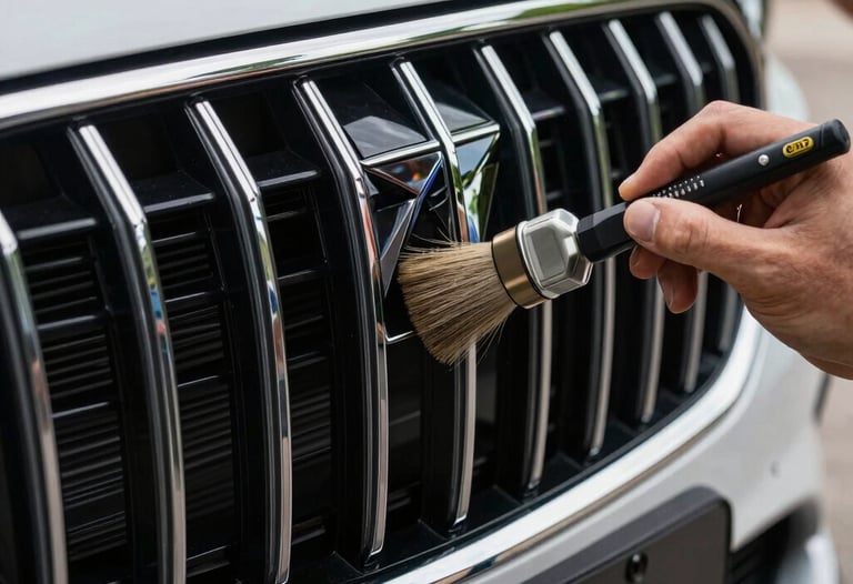 The front grill of a luxury car being hand-detailed with a fine brush, showcasing precision work in French / Charente-Maritime.