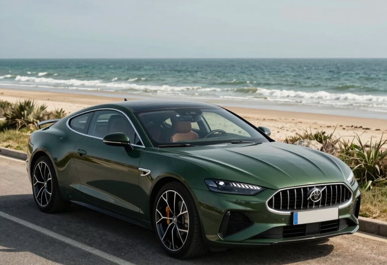 Photography of a sleek dark green car parked by the Atlantic coast in French / Charente-Maritime, highlighting luxury and location.