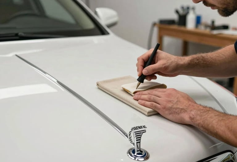 Action shot of an artisan meticulously polishing the hood of a luxury sedan, soft workshop lighting highlighting the flawless paint depth in French / Charente-Maritime.