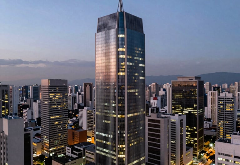 A twilight aerial photograph showing the illuminated skyline of São Paulo, focusing on a specific modern office tower. Clean, sharp lines and professional architectural lighting style.