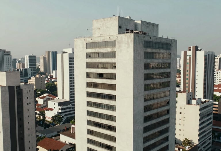 Graphic minimalist representation of motion graphics overlays on an aerial video of a modern building in São Paulo. Professional and clean.