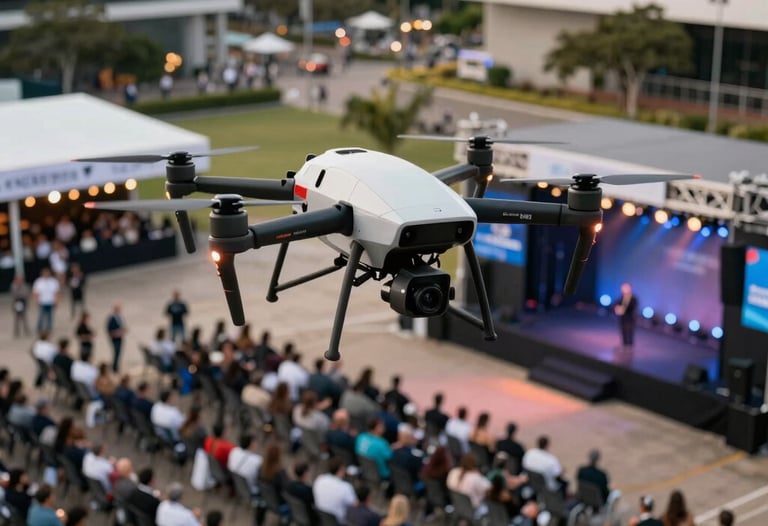 A high-tech drone hovering over a large outdoor corporate event in a modern Brazilian plaza. The composition shows the crowd and the stage from a high-angle perspective, emphasizing scale. Professional lighting.
