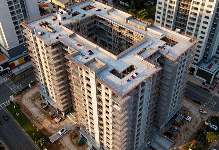 A high-precision aerial shot of a luxury residential construction site in São Paulo, showing the geometric patterns of the structure from above during daylight. Modern engineering aesthetic with a clean look. South American / Brazilian setting.