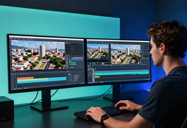 A professional video editor working in a dark room with light aqua and deep blue accent lights. Monitors show 4K aerial footage of a Brazilian city. Clean, minimalist workspace.