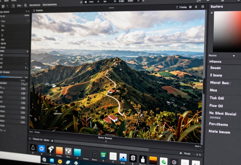 A color grading interface on a high-resolution screen, displaying a before-and-after shot of an aerial landscape in Brazil. Professional software aesthetic.