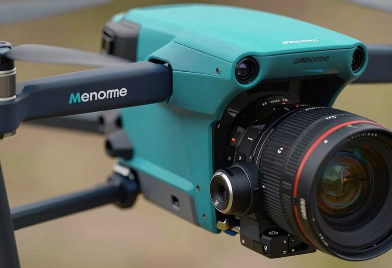 A close-up shot of a professional camera gimbal on a drone, reflecting the teal and navy brand colors. Clean, tech-focused studio lighting.