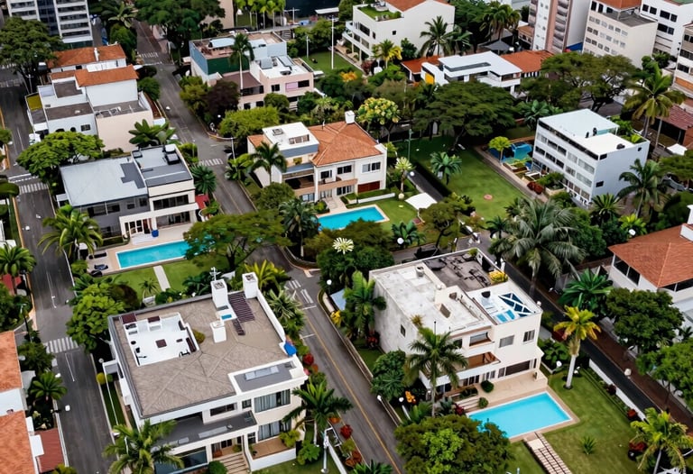 A drone's eye view of a green upscale neighborhood in São Paulo, featuring luxury homes with pools and modern architecture. Sharp focus, vibrant muted green and deep blue tones. South American / Brazilian context.