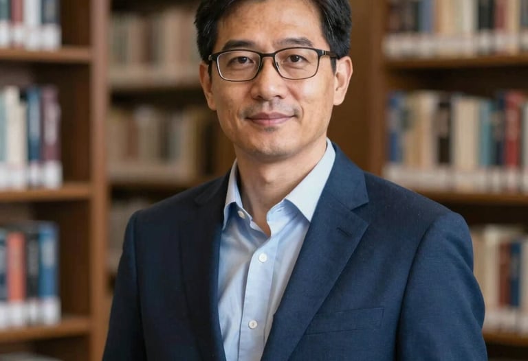A professional portrait of a researcher in a navy blue blazer against a blurred library background, conveying trust and authority.