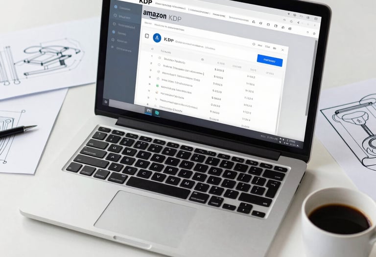 A workspace view showing a laptop with the Amazon KDP dashboard open, surrounded by design sketches and a cup of coffee on a white desk.