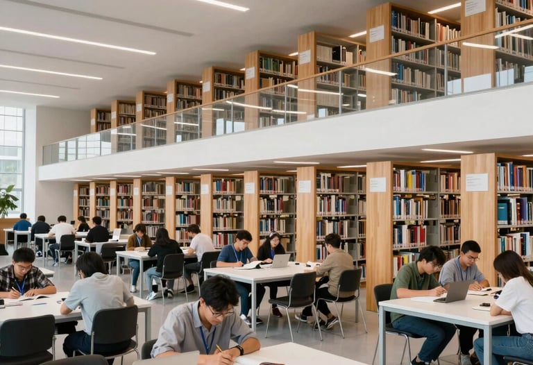 A wide shot of a modern university library with tall shelves and students studying at clean white tables, Academic / Professional Global atmosphere.