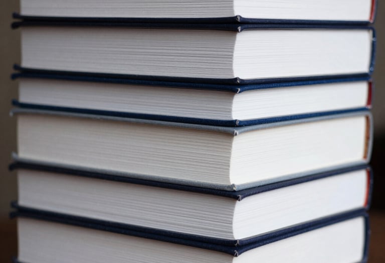 A stack of various professionally published books showing diverse spine designs in shades of white and navy blue.