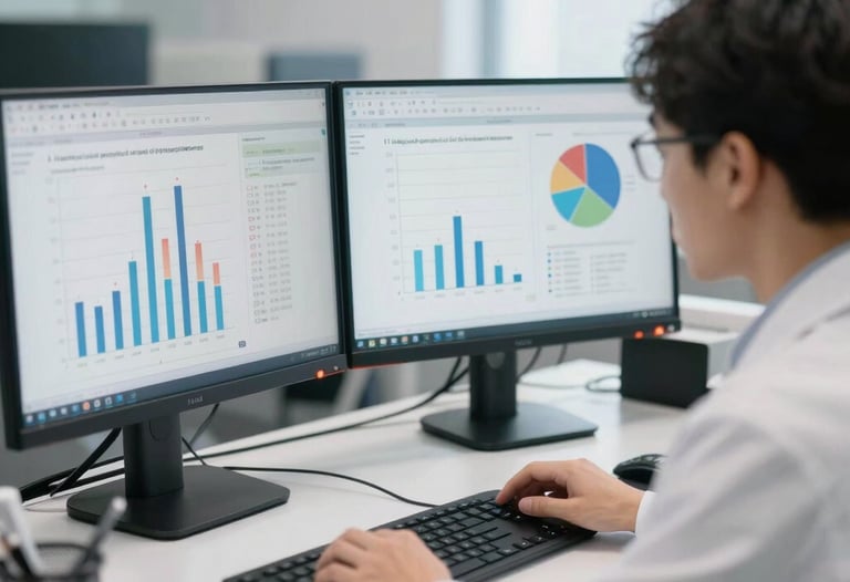 A professional researcher analyzing data on dual monitors in a bright office, with charts related to educational psychology visible.