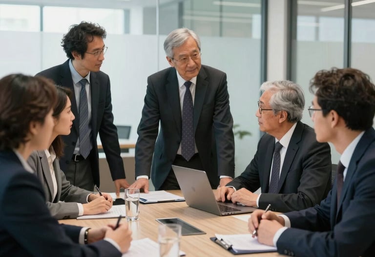 A group of scholars in professional attire collaborating around a table in a bright, modern glass-walled meeting room.