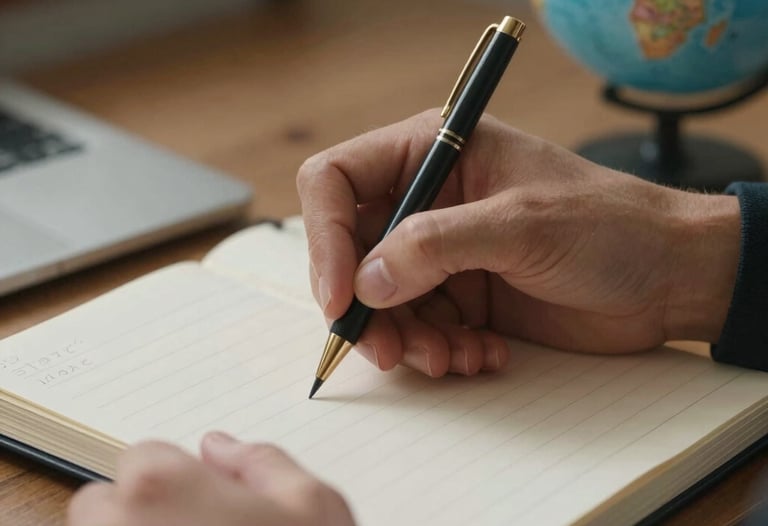 A close-up of a person's hands taking detailed notes in a structured journal during a research interview, Academic / Professional Global setting.