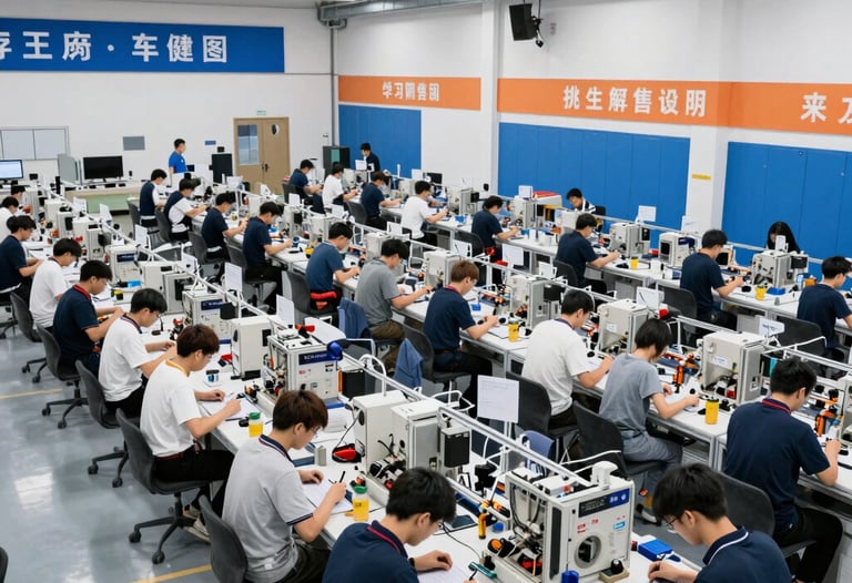 High-angle shot of a manufacturing competition arena with students working intensely on their assembly tasks, bright industrial lighting, blue and orange banners.