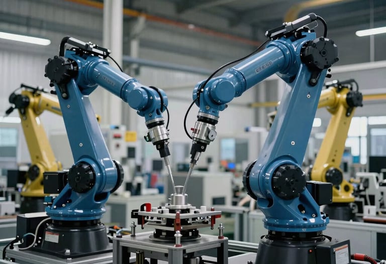 Wide shot of a modern factory floor with automated robotic arms and assembly lines, deep blue and metallic gray tones, professional industrial photography.