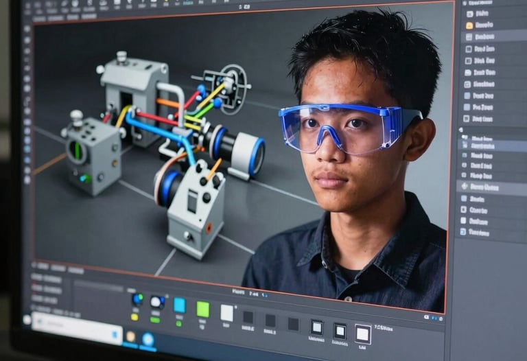 A computer screen showing a complex 3D engine model in CAD software, with the reflection of a Southeast Asian / Indonesian Student wearing safety glasses, blue lighting.